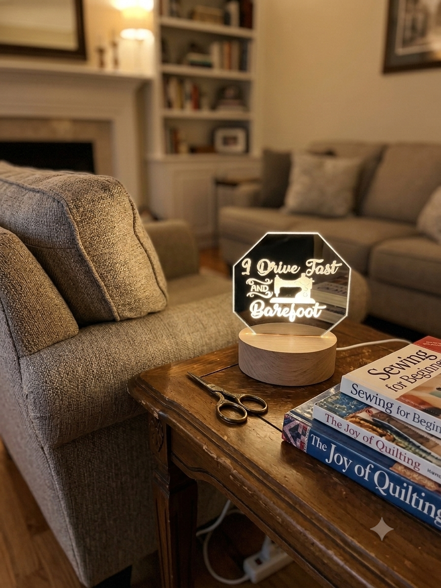 LED acrylic mirror warm glow — I Drive Fast and Barefoot laser engraved acrylic sign