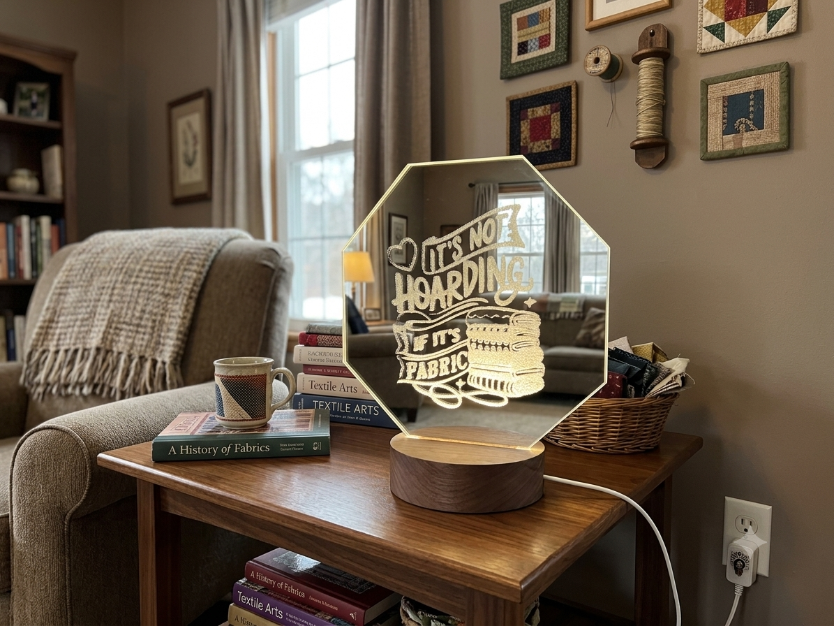 LED acrylic mirror — It's Not Hoarding If It's Fabric illuminated laser engraved sign